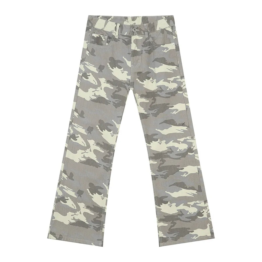 Gray camo flare jeans with utility pockets and a straight leg cut.
