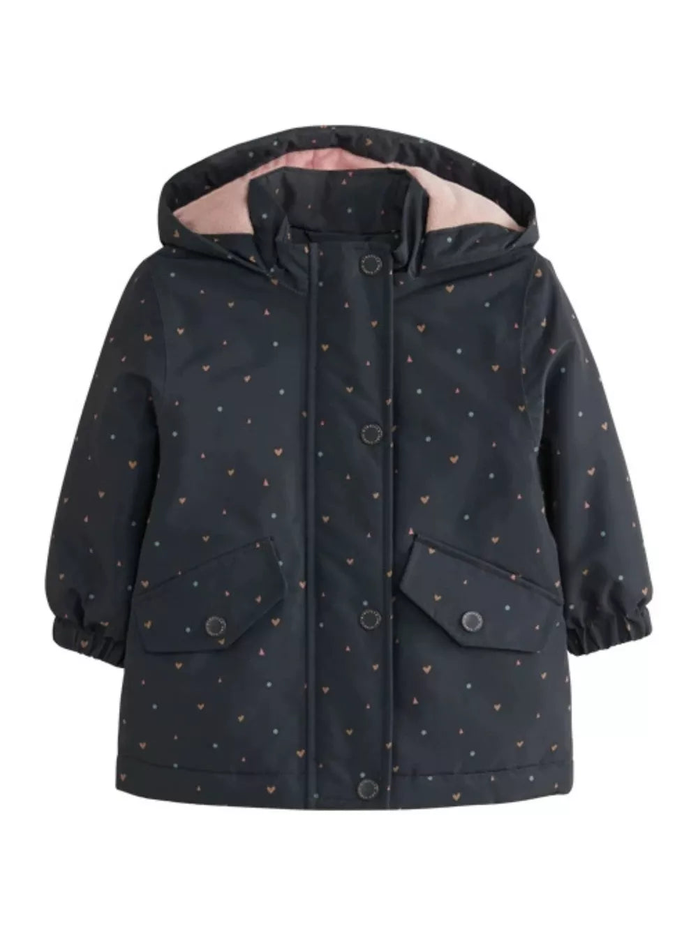 Toddler navy zip-up jacket with allover heart pattern and pink lining.