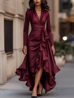 Black A-line wrap dress with deep v-neck