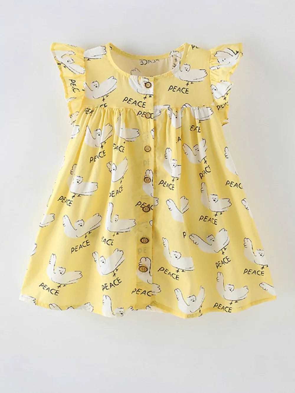 Yellow cotton blend toddler dress with dove print, ruffle sleeves, and button-down front.