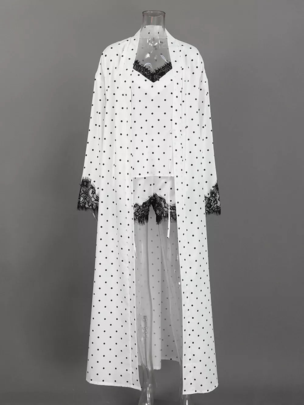 pajama set in White with polka dot and lace detail