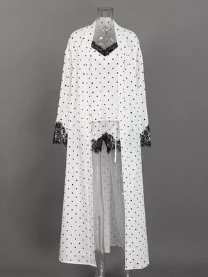pajama set in White with polka dot and lace detail