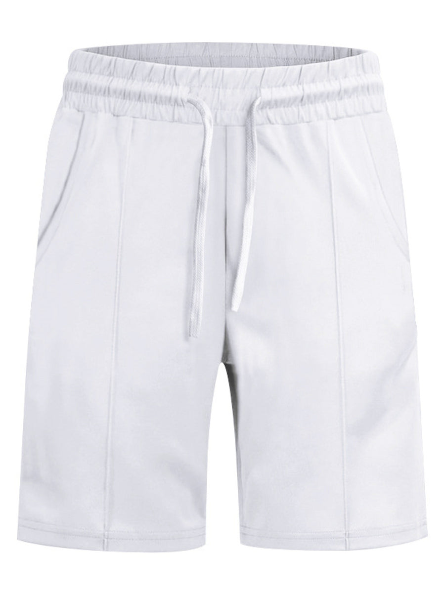 White drawstring shorts with elastic waistband and pockets.