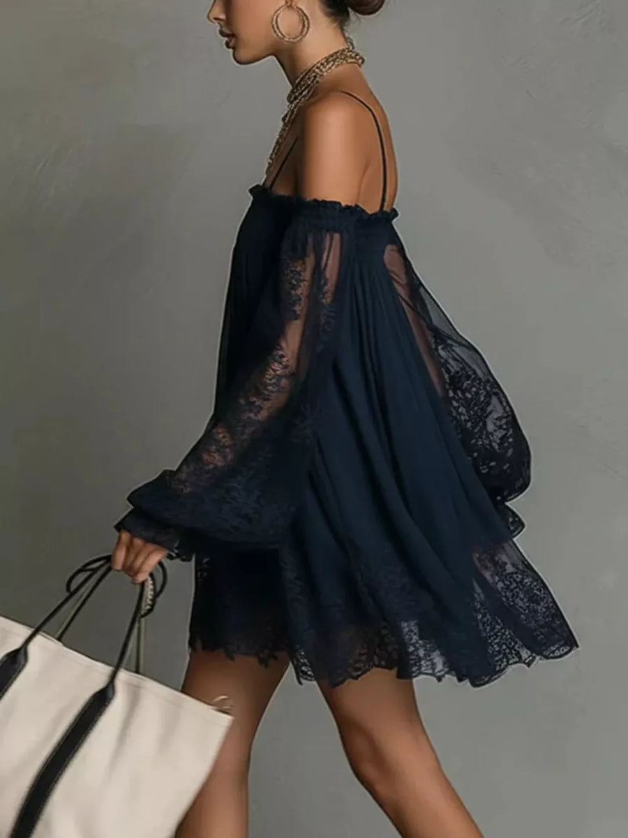 100% polyester Care instructions: Machine wash cold mini dress in navy blue with A-line silhouette