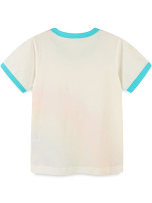 Toddler crew neck t-shirt with rainbow gradient and turquoise trim