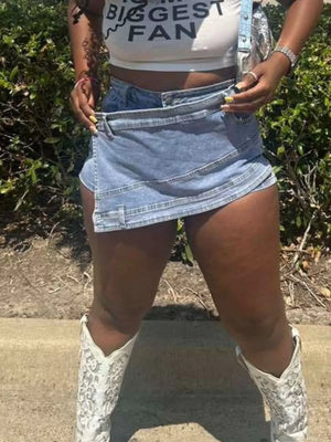 Blue with Asymmetrical Wrap Denim Shorts in Blue