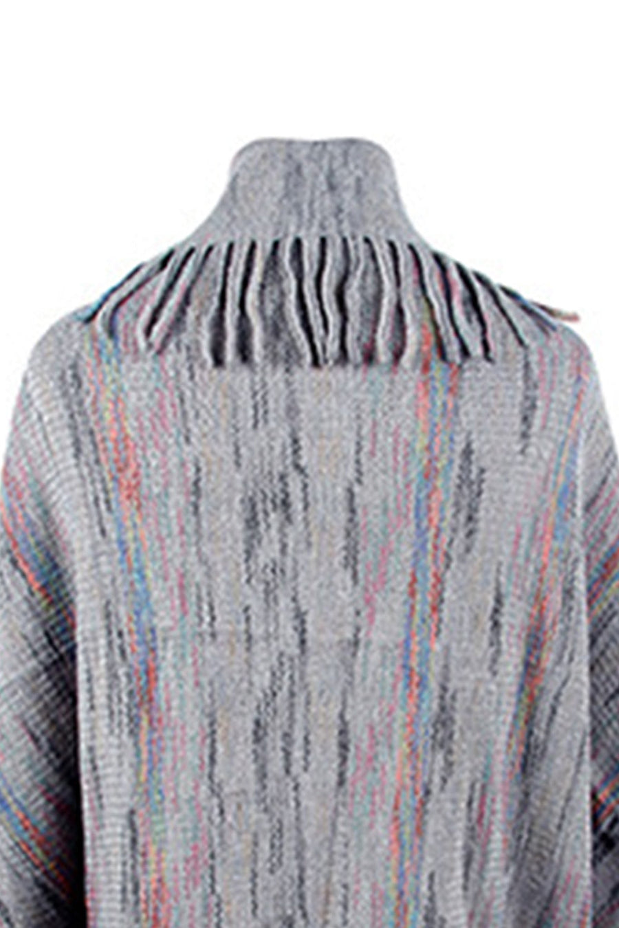 Textured knit cape in charcoal with colorful threads and fringe trim detail