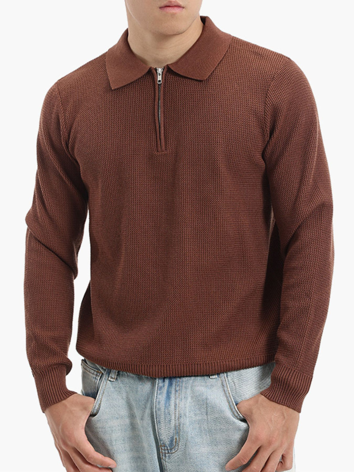 chocolate brown pullover sweater with textured knit and collared