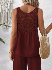 Burgundy lace-detail round neck sleeveless two-piece ensemble with cutout back detail.