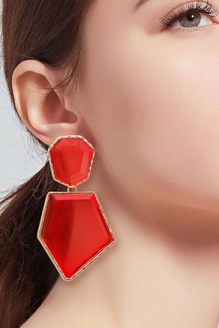 Red resin facet drop earrings with gold trim, geometric shape, statement earrings