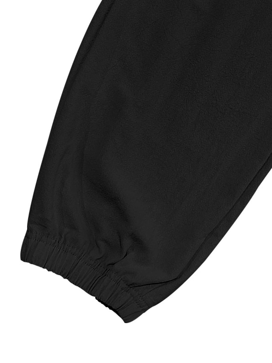 Black cargo pants with elasticated cuffs and drawstring detail