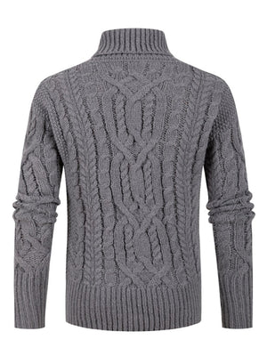 Grey pullover sweater featuring cable-knit and cable knit