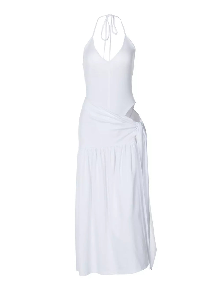 White halter neck ruched maxi dress with deep v-neck and side tie detail