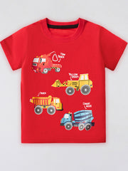 Red cotton t-shirt with cartoon construction vehicles including a tow truck, yellow digger, dump truck, and cement mixer.