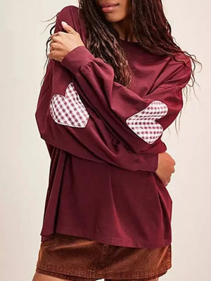 Burgundy Heart Patch Long Sleeve Sweatshirt