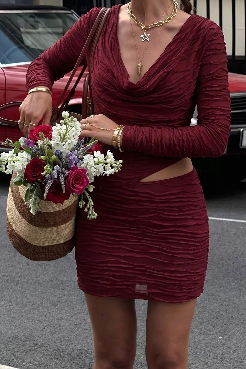 Ruched Cutout Cowl Neck Mini Dress