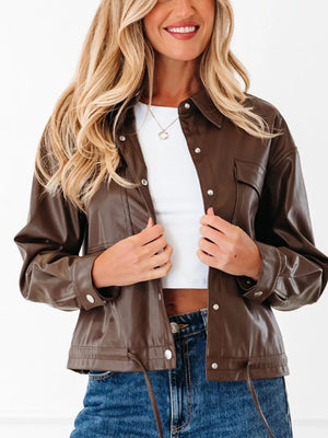shell:100% PU Lining: 100% polyester Care instructions: Machine wash cold leather jacket in Dark Brown with relaxed