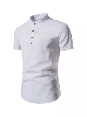White cotton men's undershirt with mandarin collar and buttoned placket, curved hem