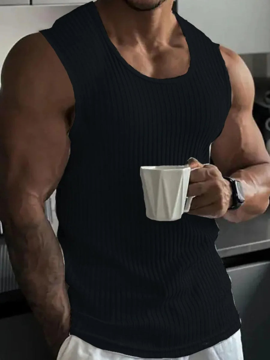 Black ribbed tank top with athletic fit and scoop neck.