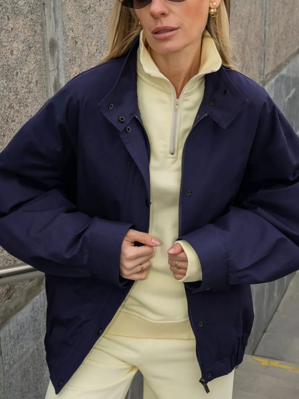 100% Cotton Care instructions: Machine wash cold bomber jacket in Light Green with relaxed silhouette