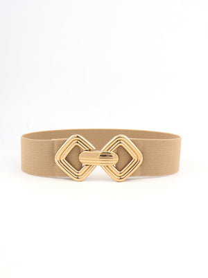 Khaki elasticated belt with gold geometric buckle detail