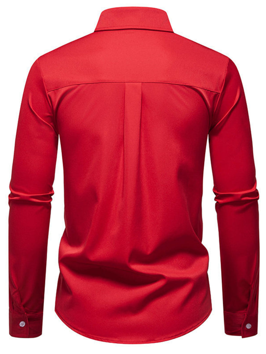 Men's red button-up shirt with long sleeves and a back pleat detail.
