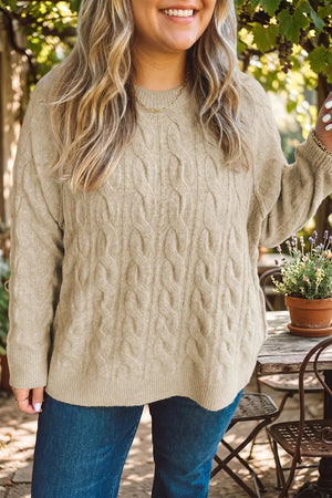 light beige pullover sweater with cable knit and round neck