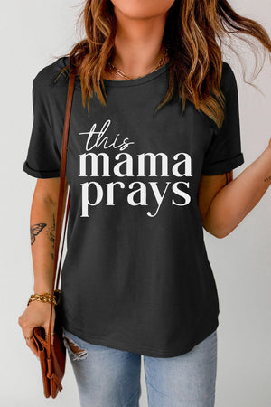 Black maternity t-shirt with white scripted text that says "this mama prays