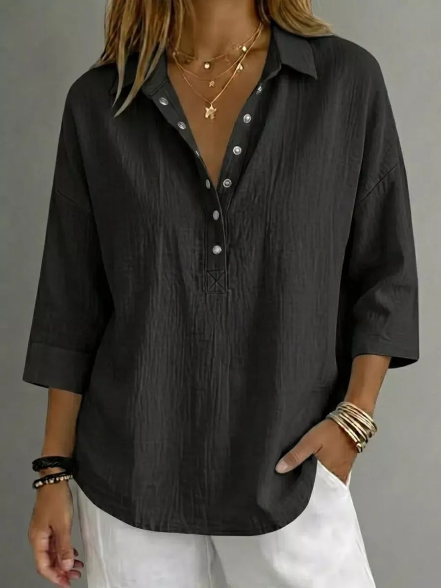 Red Full Size Snap Down 3/4 Sleeve Blouse Plus Size