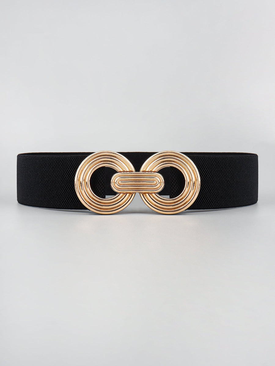 Black stretch belt with interlocking gold circle buckle