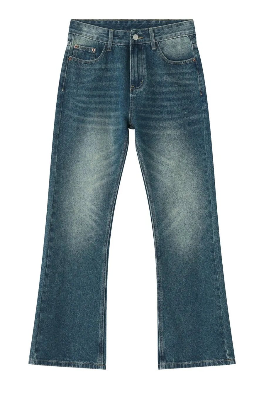 Relaxed flare denim trousers in light blue wash with faded details and a casual fit.