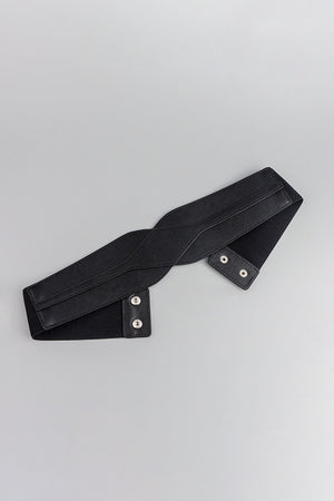 Black elastic belt with sculpted faux leather overlay and silver snap closures