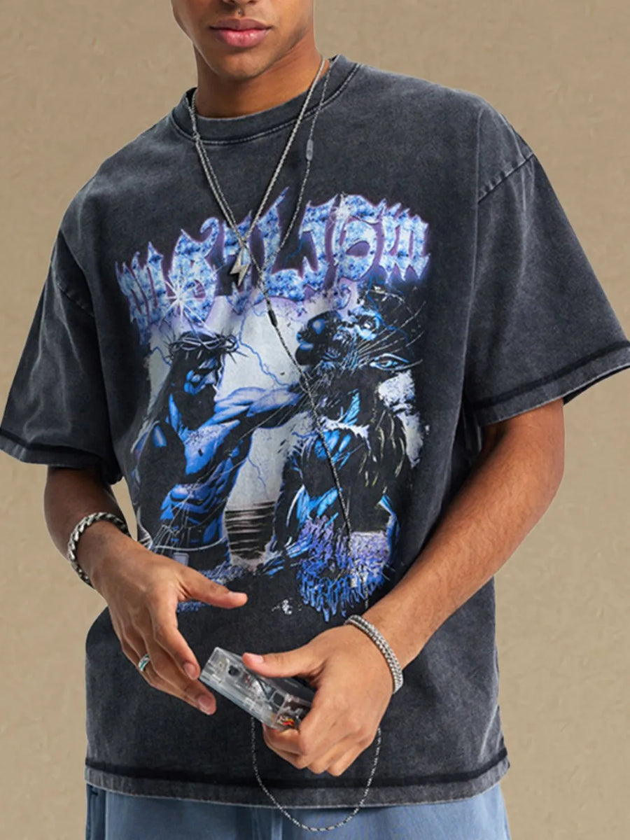 Black graphic tee with half sleeves and a distressed wash, featuring a blue and white lightning bolt design.