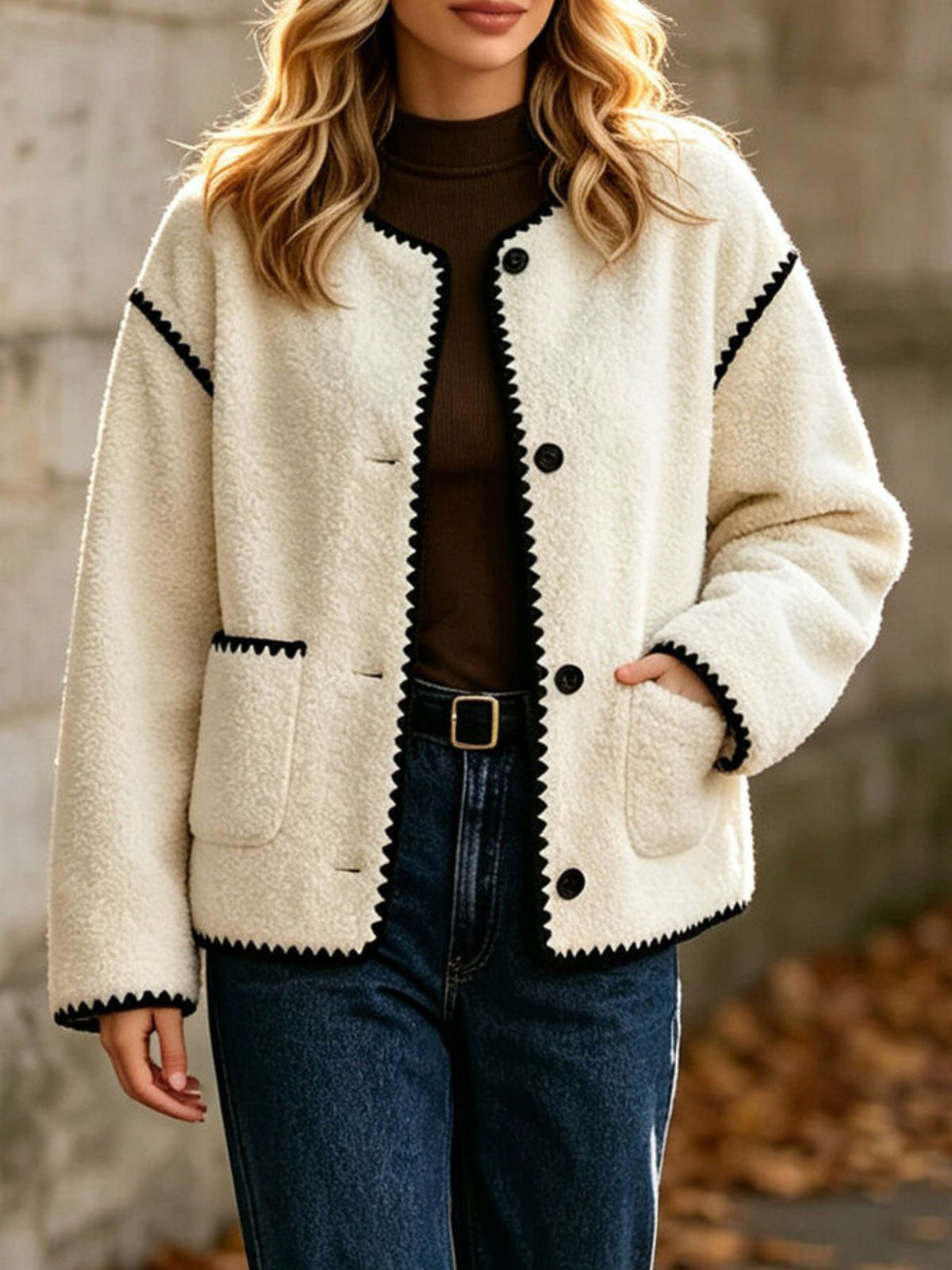ivory boxy jacket with round neck