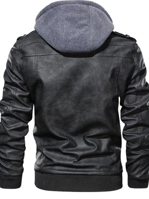 Men's Full Size Hooded Faux Leather Motorcycle Jacket in Black