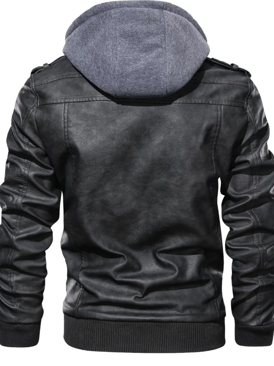 Men's Full Size Hooded Faux Leather Motorcycle Jacket in Black