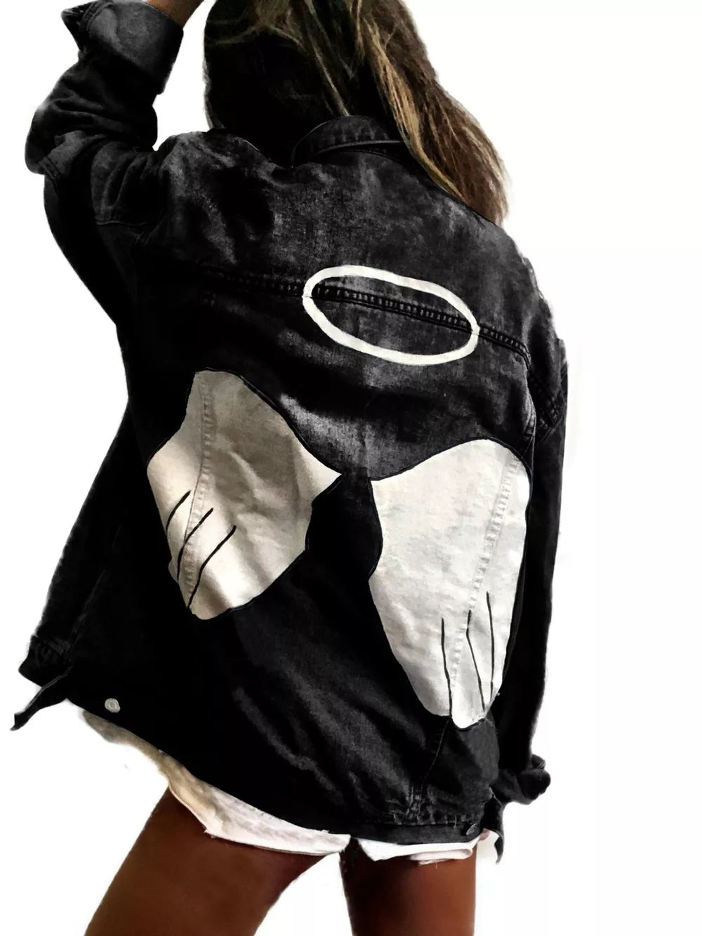 charcoal denim jacket with graphic print and collared