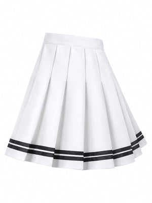 White And Blue - Striped With Built-in Shorts pleated skirt