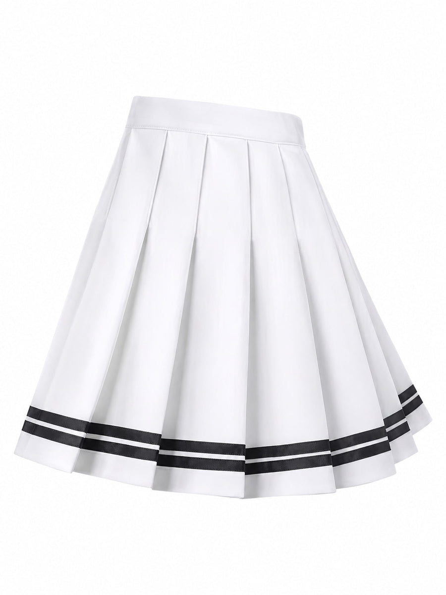 White And Blue - Striped With Built-in Shorts pleated skirt
