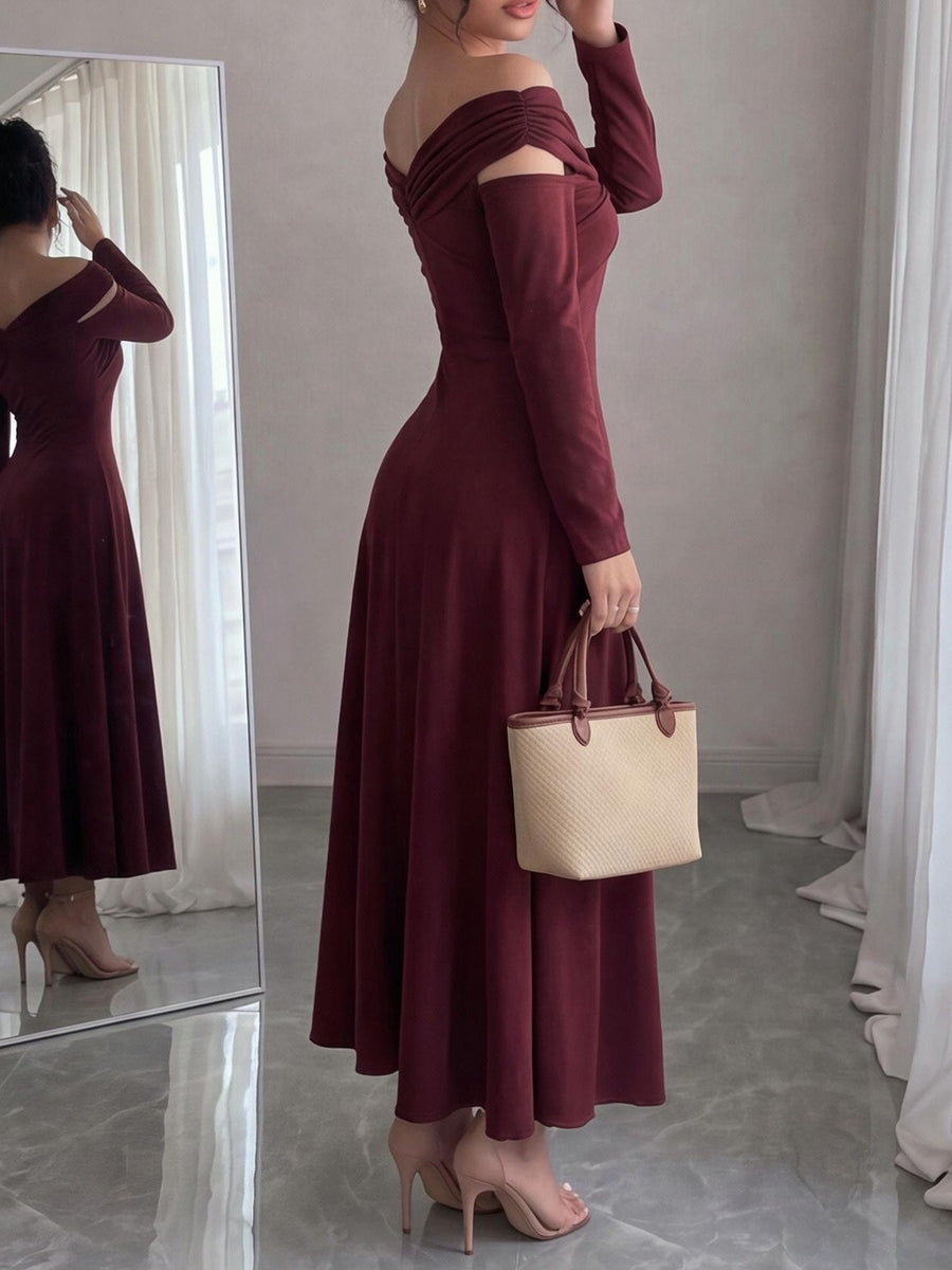 romantic maxi dress in Burgundy with off-shoulder