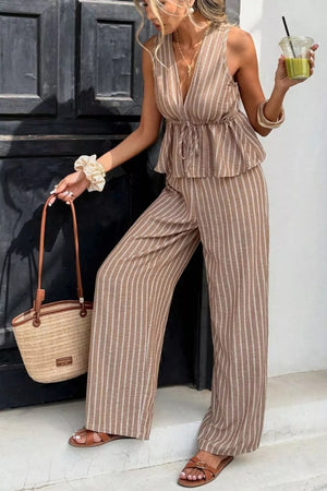 Chic striped two-piece set in camel with peplum top and wide-leg pants.