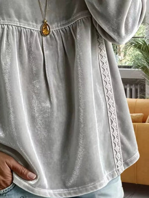 Velvet Lace Detail V-neck Blouse Plus Size in Sky Blue with ruched