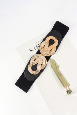 Black elastic belt with gold knotted buckle detail
