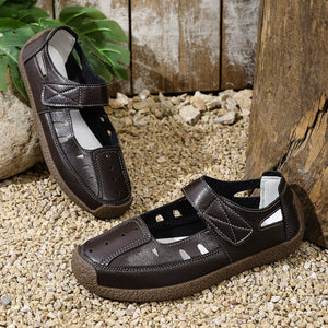 Brown leather round toe platform flats with adjustable strap and cutouts