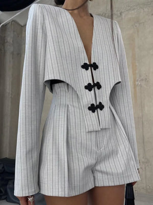 Light Gray Pinstripe Cropped Blazer And Pleated Shorts Set