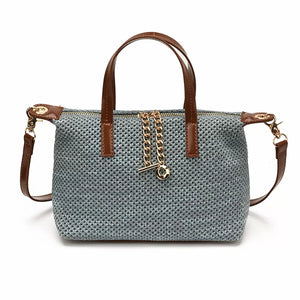 Woven Crossbody Bag With Leather Accents in Blue with woven texture
