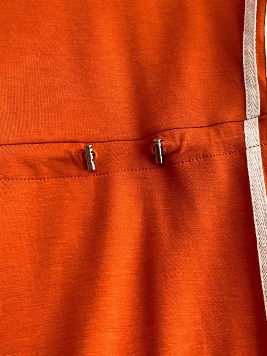 Orange casual dress with drawstring detail and white side stripe.