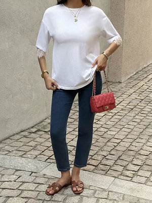 White with Lace Trimmed Casual T-shirt in White