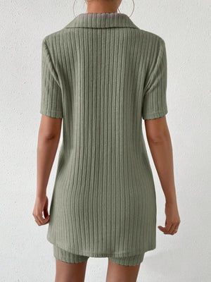 Sage ribbed polo shirt and shorts set with short sleeves and collar