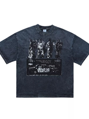 Dark gray distressed cotton crew neck t-shirt with vintage graphic print of figures and a car.